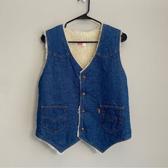 Vintage Levi’s 70s Fleece Lined Button Up Orange Tab Denim Vest - Picture 1 of 7